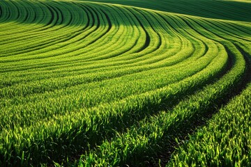 Lush green fields display gentle curves, creating serene, harmon