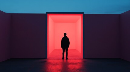 Obraz premium Silhouette of a person standing in a red-lit doorway.