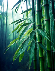 bamboo forest, rain has caused water droplets on the leaves