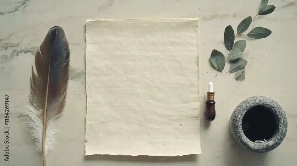 Poster elegant calligraphy setup featuring a feather quill, ink bottle, and parchment on a smooth surface. 