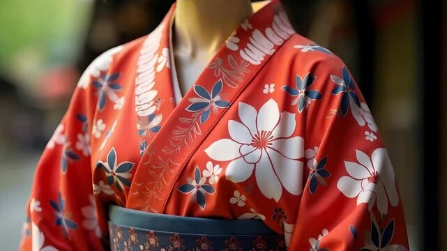 Red and white yukata cotton summer kimono