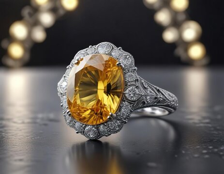 Anillo de platino con diamante amarillo, zafiro y gemas blancas en un fondo de citrino, zafiro, anillo de diamante