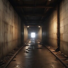 Cold dimly lit tunnel with damp walls and rusty metal beams, rust, tunnel