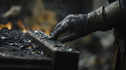 A knight tracing his gloved fingers over the charred remains of an ancient wooden pew.