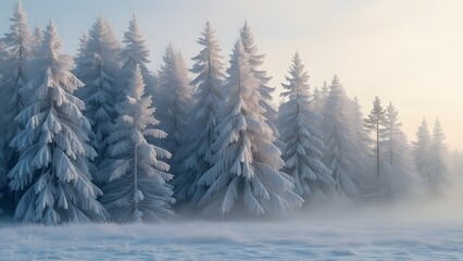 Fototapeta premium Majestic Snow-Covered Coniferous Forest, Ethereal Winter Landscape with Hoarfrost-Covered Pines and Misty Glow