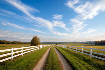 Fototapeta premium beautiful white fence lines road, leading through lush green fields under bright blue sky. serene landscape evokes sense of peace and tranquility