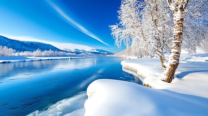 Stunning Winter River Landscape  Snow Covered Trees  Mountains  and Blue Water