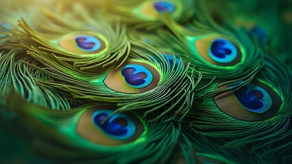 Obraz premium Close-Up of Vibrant Iridescent Peacock Feathers in Soft Natural Green Light, Stunning Nature Macro Photography