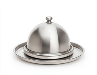 Stainless Steel Cloche with Lid on Open Tray. Isolated on White Background.