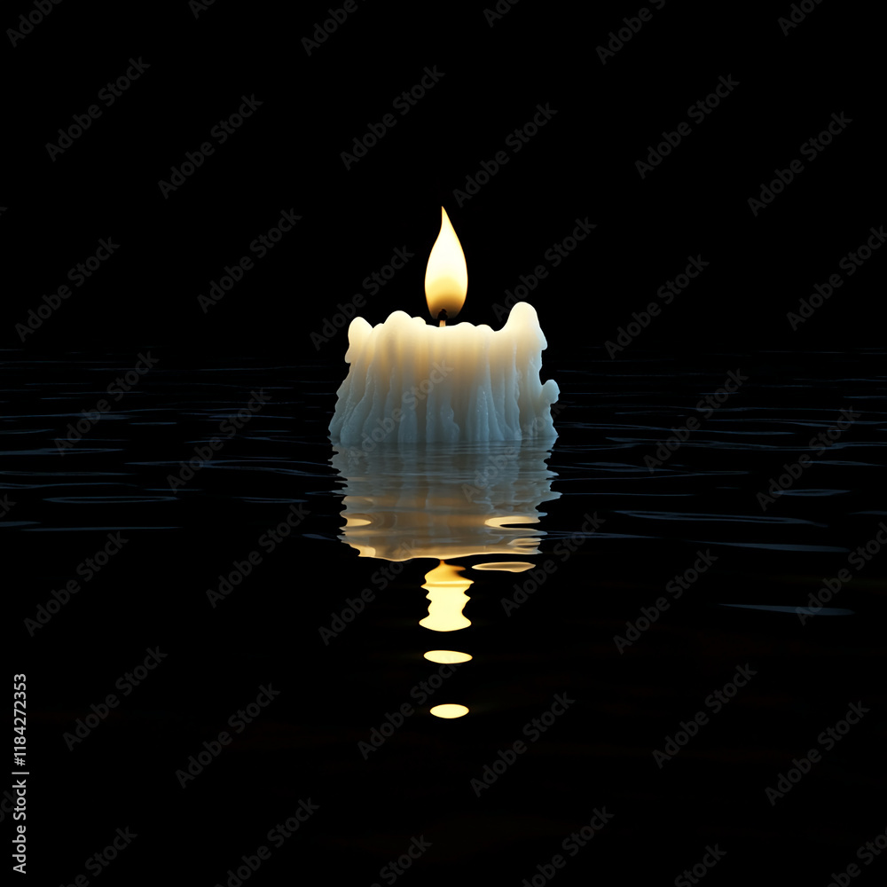 Poster dripping wax candle floating on water with glowing flame in dark background