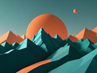 wallpaper with a montage landscape and a sun in the background. Geopeztric shapes in 3D;