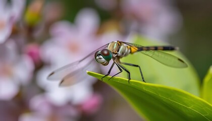 Naklejka premium Dragonfly on Leaf: A Serene Macro Photography Study