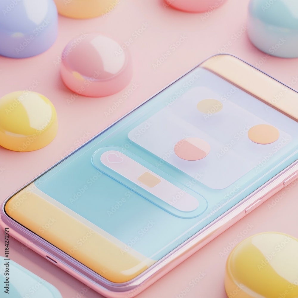 Poster modern smartphone showcases a vibrant messenger chat against a backdrop of colorful candies. generat