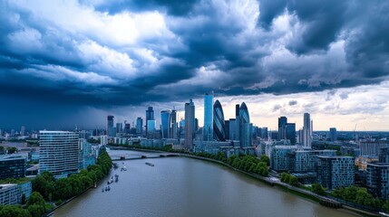Naklejka premium Dramatic Skyline View of Urban Cityscape Before a Storm