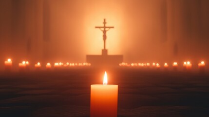 Naklejka premium Warm Candlelight in Church with Crucifix on Altar in Background, Spiritual Ambience and Contemplative Atmosphere for Religious Gatherings or Events During Peaceful Evenings or Festivals