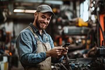 Happy mechanic using smart phone while working in repair shop. Generative AI