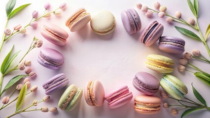 Obraz premium Pastel Macarons and Delicate Spring Blossoms Arranged in a Circle on a Light Pink Surface