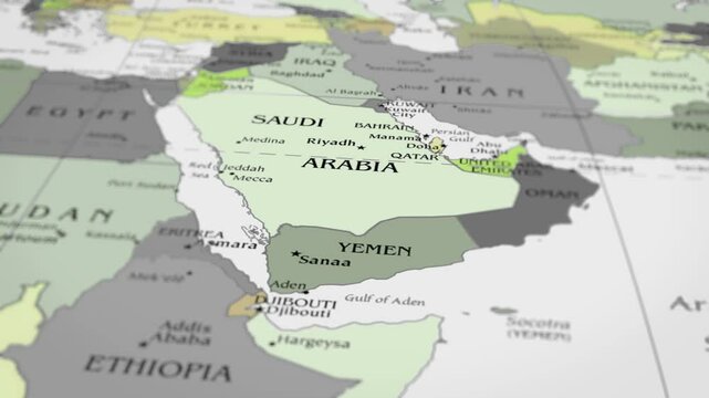 The camera rotating around yemen on the world map takes the focus.  4K Map Animation.