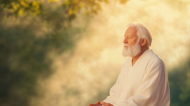 Elderly Man in Prayer Sitting in Illuminating Morning Light Outdoors with Serene Expressions and Soft Focus in Tranquil Natural Setting Evoking Spiritual Calmness and Peaceful Reflection