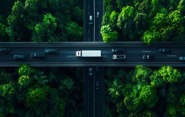 A truck is driving on a highway with trees in the background