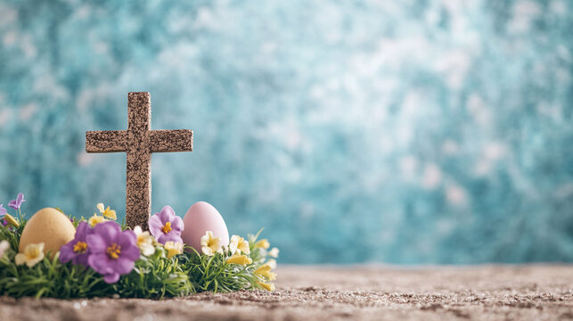 Easter background with easter eggs and cross. - Spring studio shoot. 