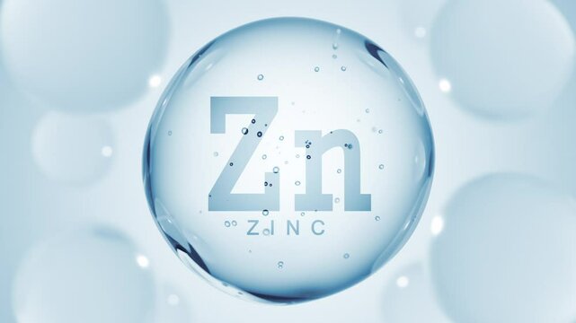 3D pill capsule drop with mineral Zinc. Blue Zn bubble for nutrition design or beauty cosmetics