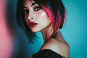 Naklejka premium Commercial marketing visual idea. Stunning calm mixed-race girl - for ads, magazine ad and social media use. Short coiffure - multicolored hair. Bold african advertising. Bold style ads.
