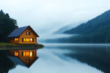 Fototapeta premium small wooden house by serene lake, surrounded by misty mountains, reflects beautifully in calm water. warm glow from windows adds cozy touch to tranquil scene