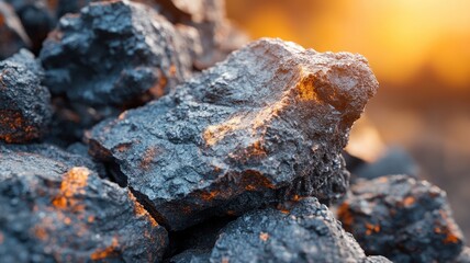 Fototapeta premium Volcanic Rock Formation with Rugged Surface and Porous Texture, Captured at Sunset