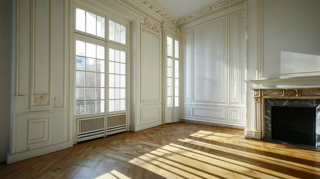 Bright, airy room with large windows showcases elegant architectural details in a classic setting