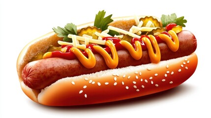 Grilled Hot Dog Topped with Mustard, Ketchup, Pickles, and Shredded Cheese in A Sesame Bun