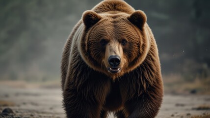 Fototapeta premium Large brown bear walking towards camera in forest.