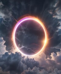 Obraz premium Rare and beautiful rainbow-colored halo around sun in the morning sky with dense clouds, natural beauty, atmospheric conditions