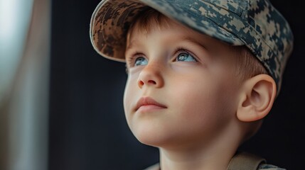 Month of the Military Child Thoughtful child wearing camouflage cap looking upward in contemplation