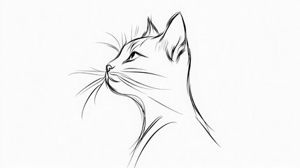 Obraz premium Elegant black and white line drawing of a cat in profile, gazing upward, conveying curiosity and simplicity. 