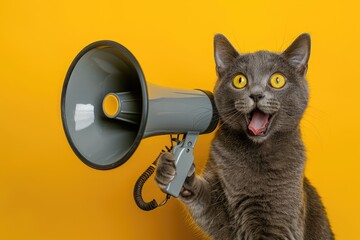 Fototapeta premium Grey cat with wide eyes open holding a megaphone against a vibrant yellow background. Fun and energetic image suitable for announcements and promotions. MZ