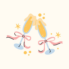 Cartoon stickers Valentine's Day concept. Set of romantic elements flowers, gift boxes, hearts, love letters, doves, and champagne glasses isolated on a light background vector illustration.