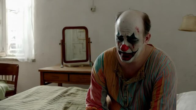 Clown reflects on life in a dimly lit room during quiet moments of introspection