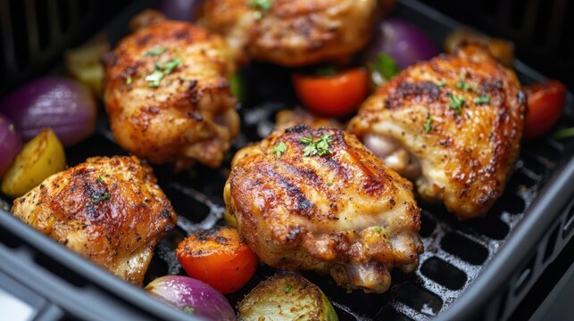 Grilled chicken thighs with roasted vegetables and herbs for a delicious meal preparation