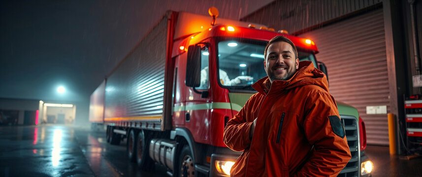 Truck driver smiling in the rain at night next to his lorry