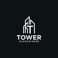 T-shaped tower logo design template, tall building logo with T-shaped tower concept.