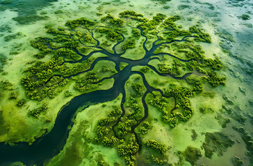 A large tree with many branches and leaves is surrounded by a body of water