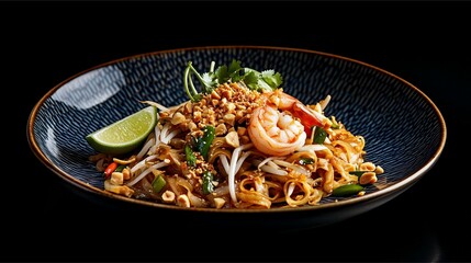 A beautifully presented plate of Pad Thai with fresh shrimp, garnished with thin lime slices, fresh bean sprouts, spring onions and crushed peanuts. Served on a colorful ceramic plate. 