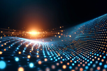 Fototapeta premium vibrant digital background featuring glowing blue and orange dots creating wave like pattern. scene evokes sense of depth and movement, perfect for technology themes