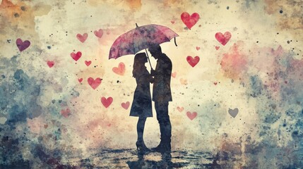 Fototapeta premium Romantic kiss under umbrella heart background digital art dreamy atmosphere close-up love and connection