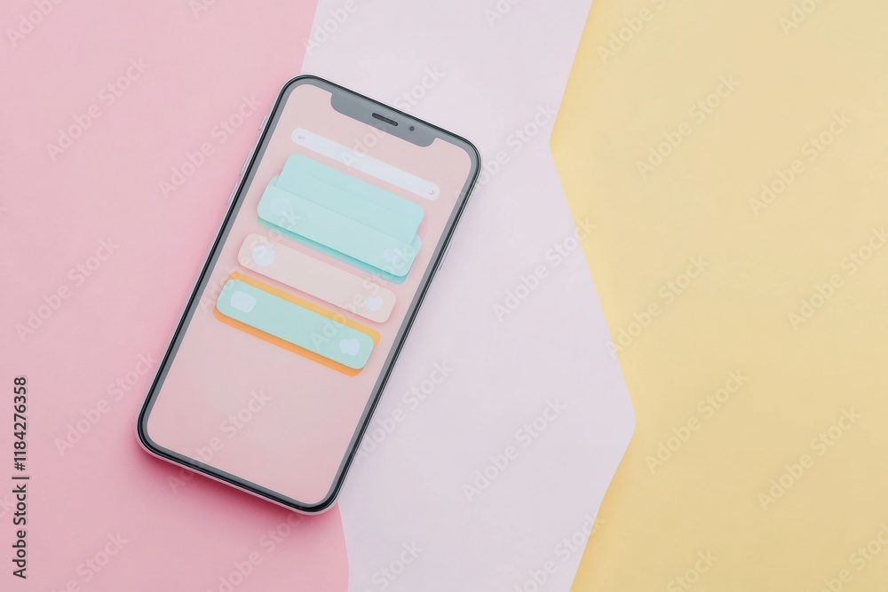 Aufkleber Close up view of a modern smartphone displaying a colorful messenger chat on a pastel background. Generative AI