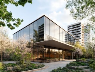 Obraz premium Modern Architectural Render of Sleek Commercial Property Surrounded by Greenery and Urban Landscape