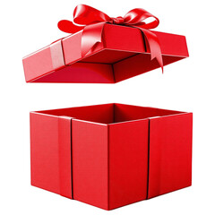 Vibrant scarlet red gift box, open with floating lid and shiny ribbon bow, isolated on transparent background