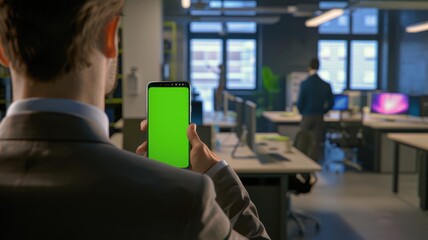 Rear view of businessman using smartphone with green screen in modern office at night