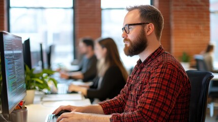 Focused Male Programmer Working on Coding Project in Modern Office